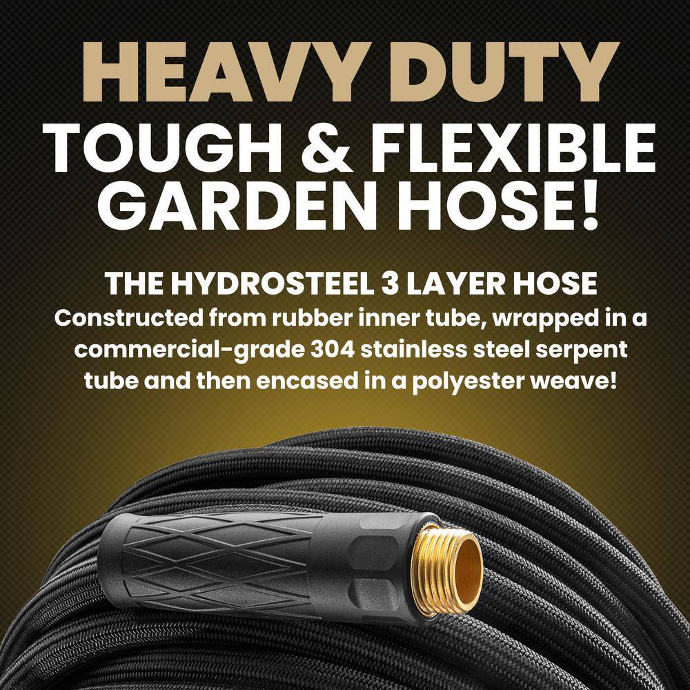 HydroSteel Pro 100 ft. Heavy-Duty Flexible Lightweight 304 Stainless Steel Metal Water Hose with Brass Nozzle 8588