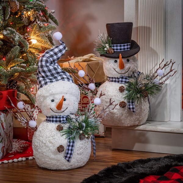 Set of 2 18 in Holiday Snowman with Pine and Fabric Bow