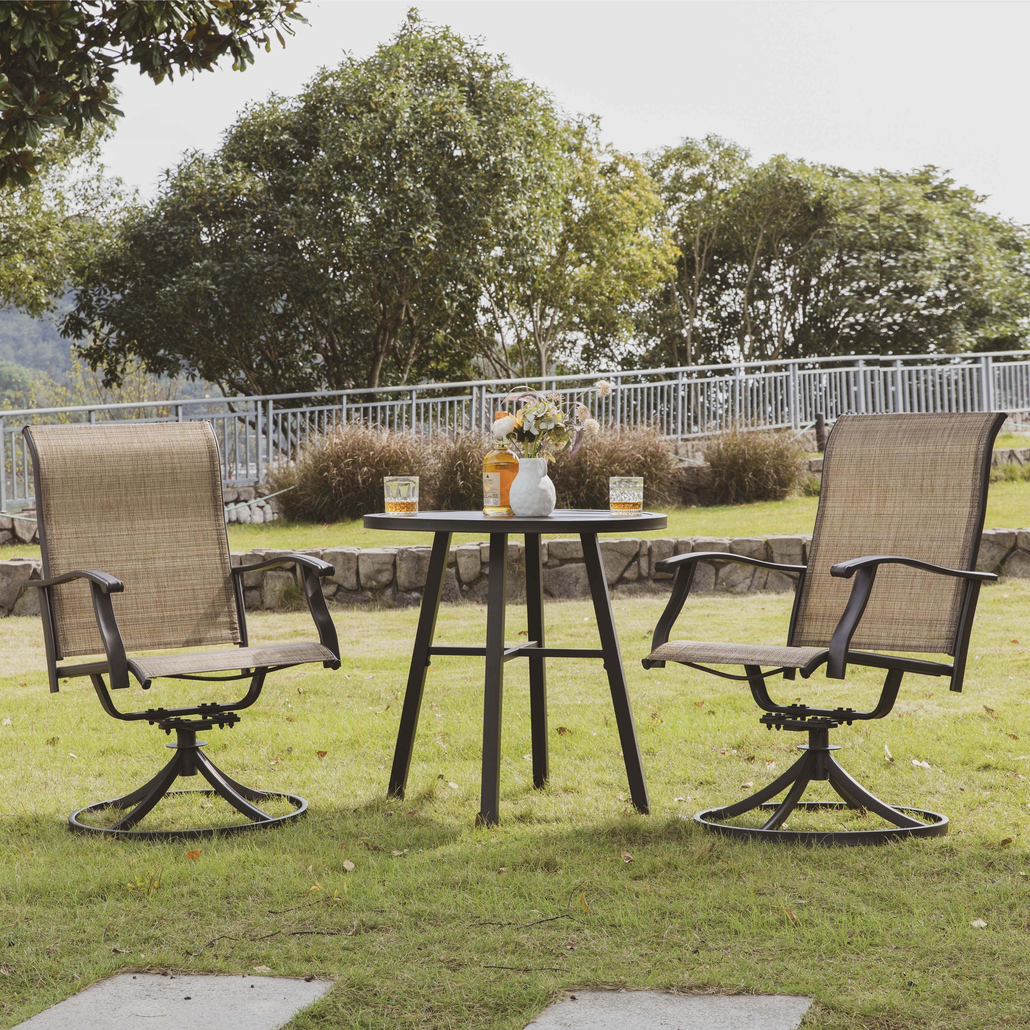 Nuu Garden 3 Piece Patio Bistro Set, Textilene Swivel Patio Chairs and Iron Table All-Weather Outdoor Furniture Set for Lawn, Backyard, Balcony, Black and Brown