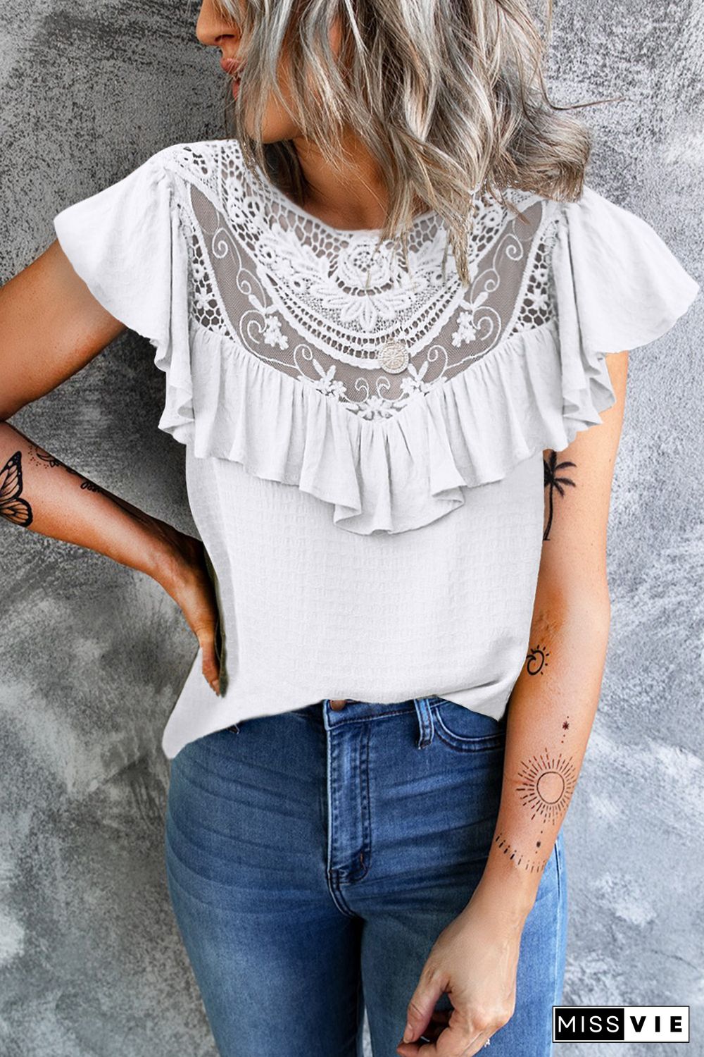 White Lace Splicing Ruffled Short Sleeve T-shirt