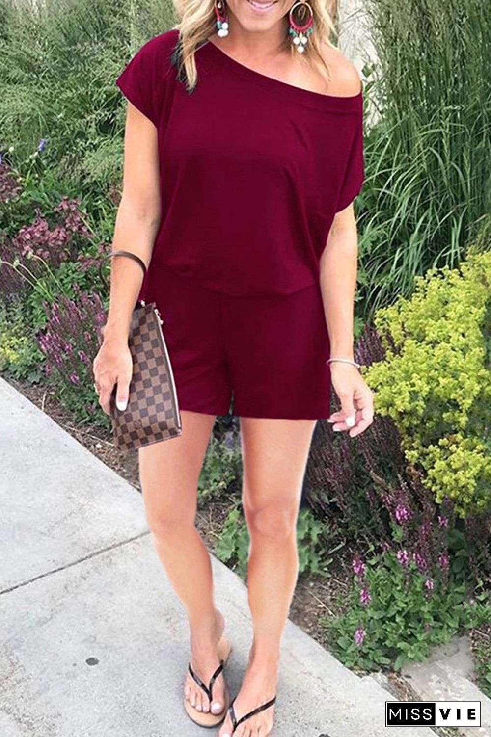 Skew Neck Solid Short Sleeve Romper