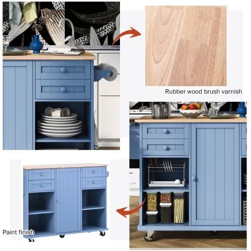 Kitchen Island Cart with 4 Storage Drawers， Rolling Mobile Kitchen Island Table with Spice Rack， Towel Rack， Rubber Wood Desktop， 5 Wheels Including 4 Lockable Wheels， 52.8in Width， Blue