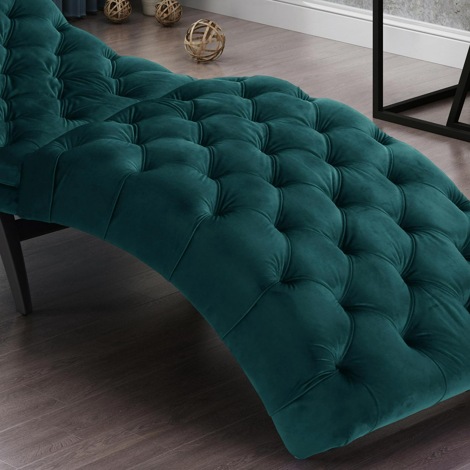 Noble House Wade Indoor Velvet Button Tufted Chaise Lounge， Teal， Dark Brown