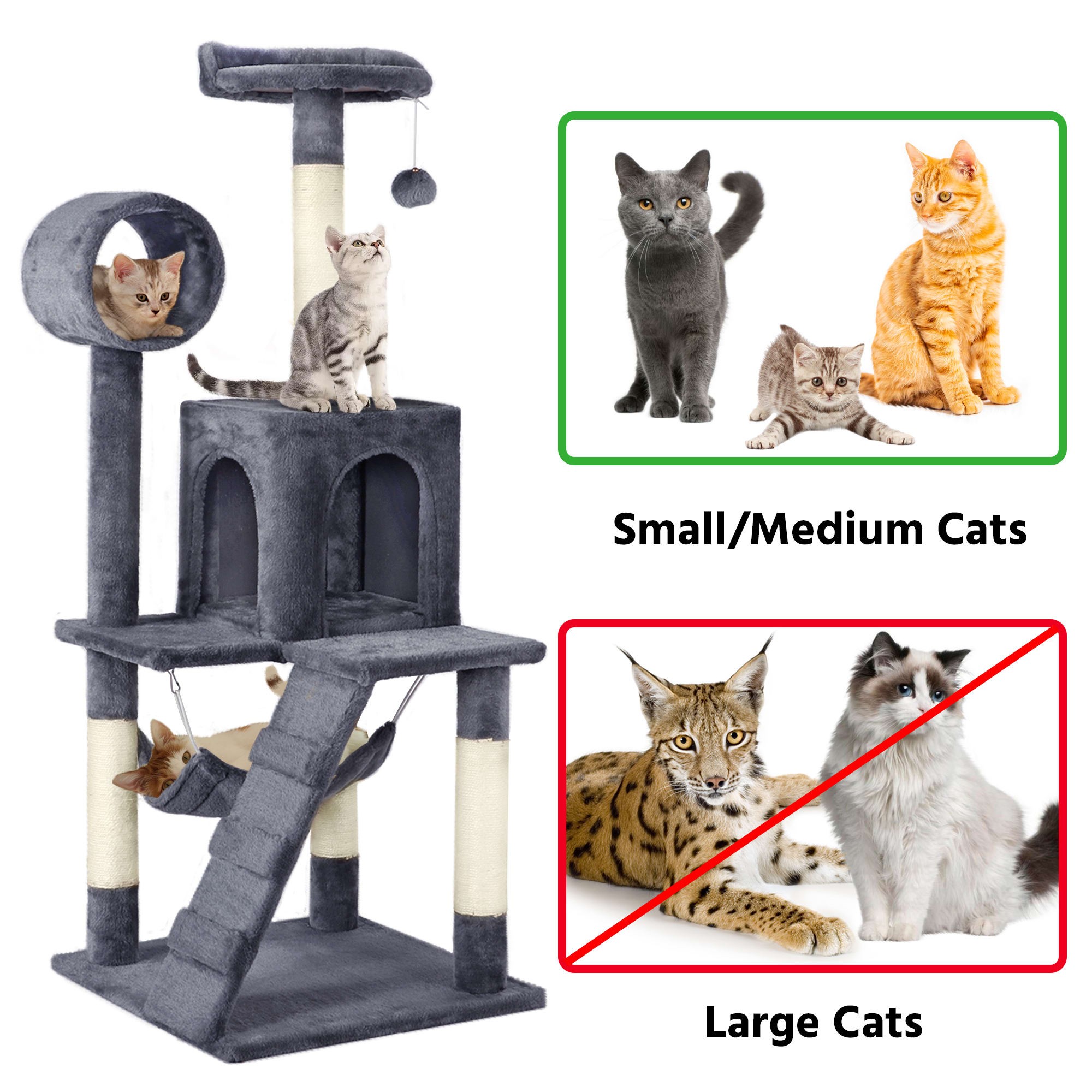 Topeakmart Dark Gray Plush Cat Tree Condo with Hammock Tunnel， 51