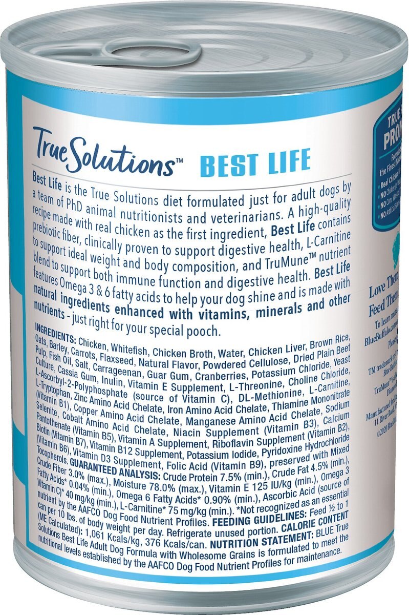 Blue Buffalo True Solutions Best Life Wholesome Grains Medium Breed Adult Wet Dog Food， 12.5-oz can， case of 12