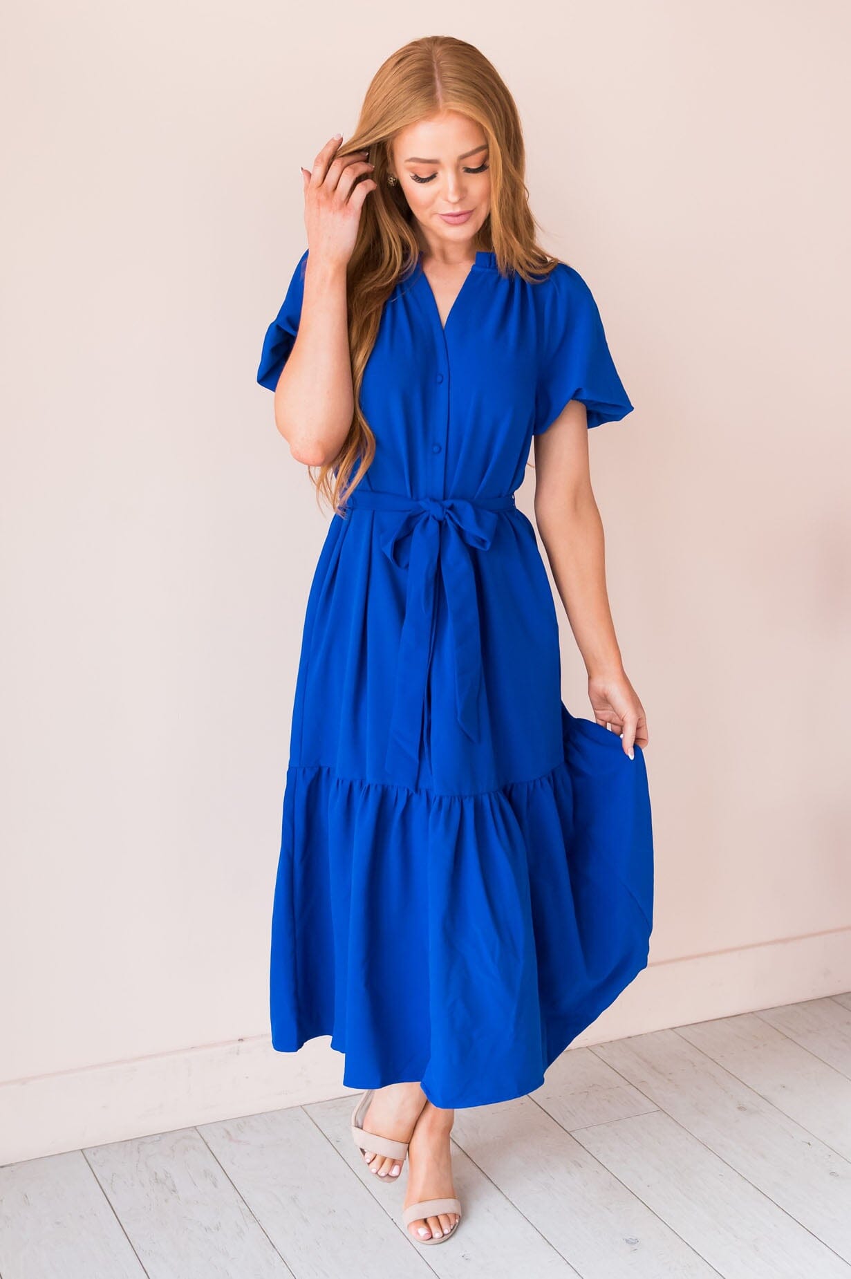 Alaska V-neck Puff Sleeve Spring Dress-Diamond Blue