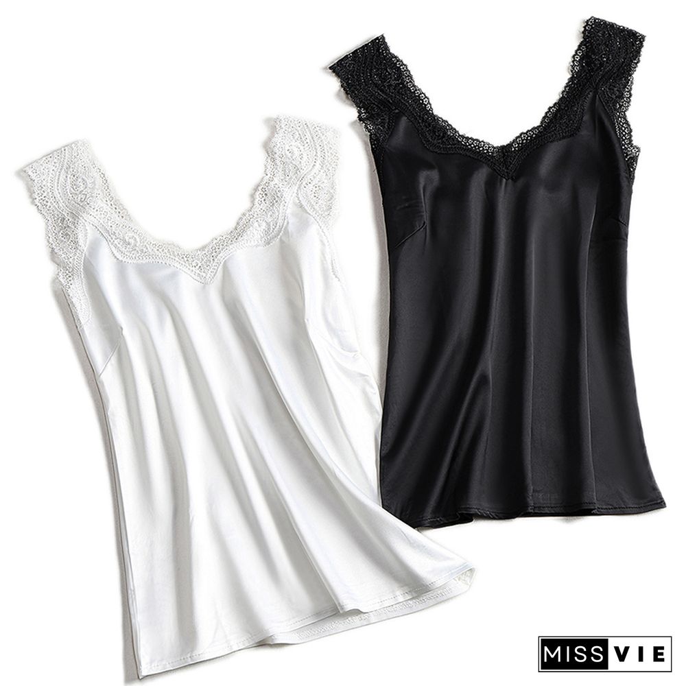 Lace Strap Silk Top Women Sexy V Neck Sleeveless Whitevest Satin Elasticity Mesh Silk Tank Tops Women Basic Plus Size Camisole