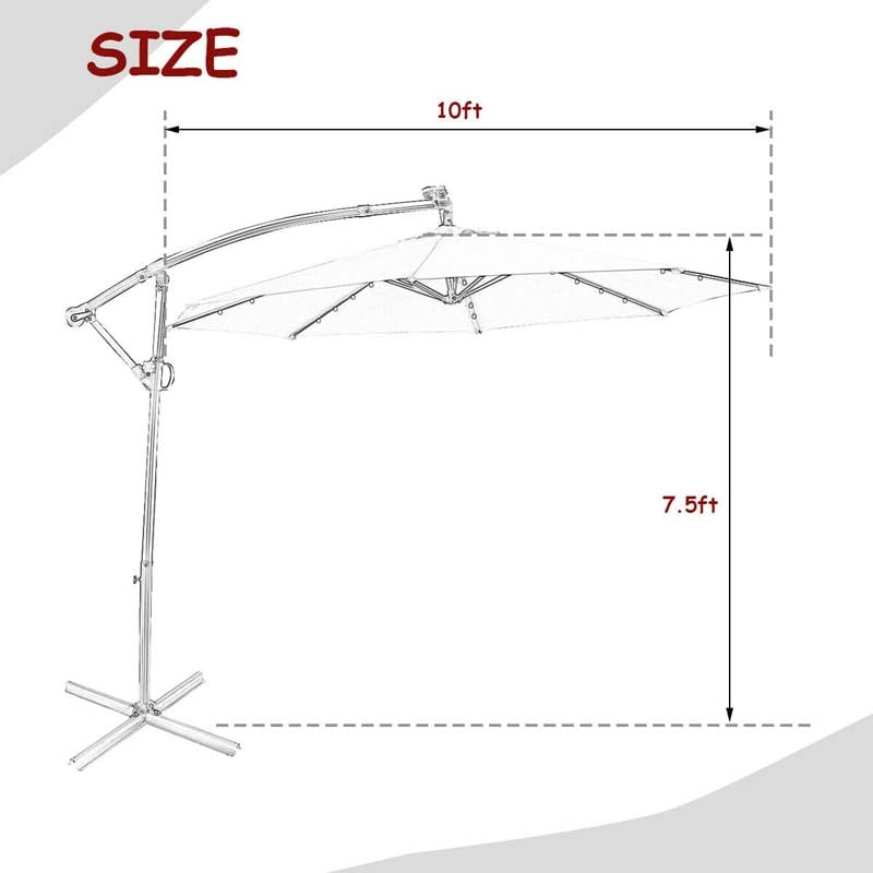 10 FT Patio Offset Umbrella with Solar Lights 360° Rotation Outdoor Market Umbrella with Crank Handle & Cross Base