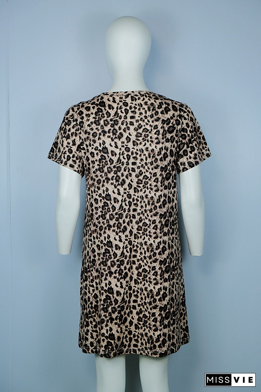 Apricot Leopard Printed O-Neck Short Sleeve Dress