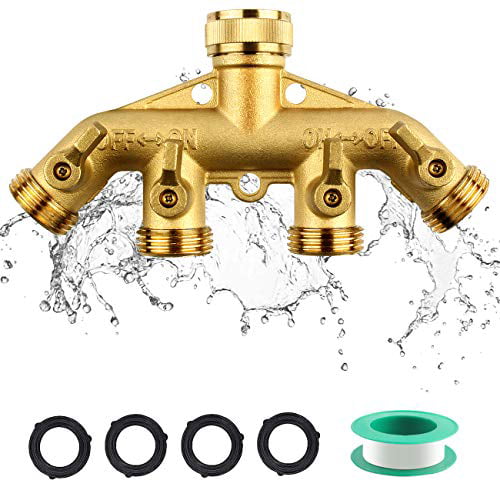 RIFFUE Garden Hose Splitter 4 Way Heavy Duty Brass Hose Spigot Adapter with 4 Valves， Hose Connector 3/4