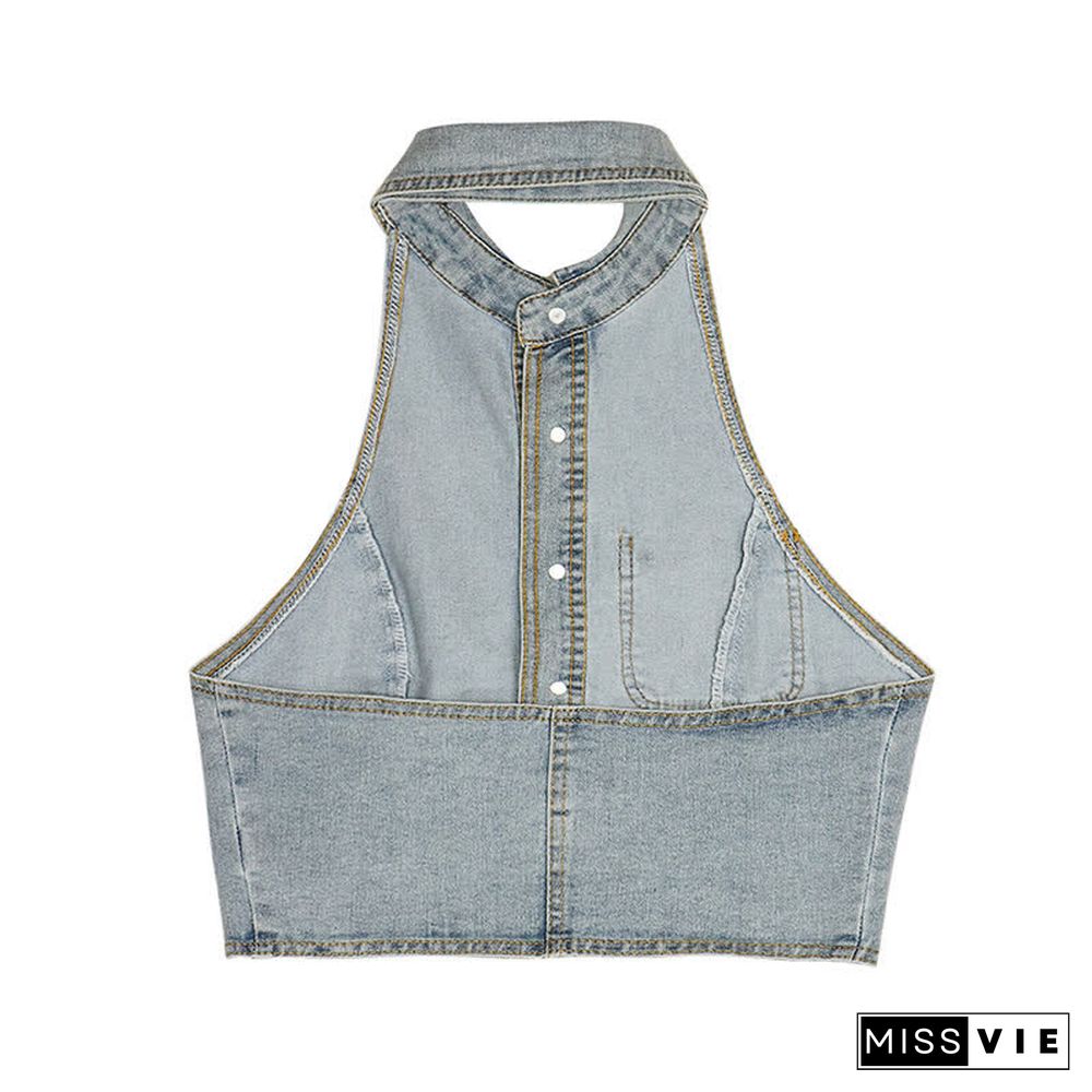 Halter Denim Vest Crop T-Shirt High Waist Lace Undershorts Denim Shorts