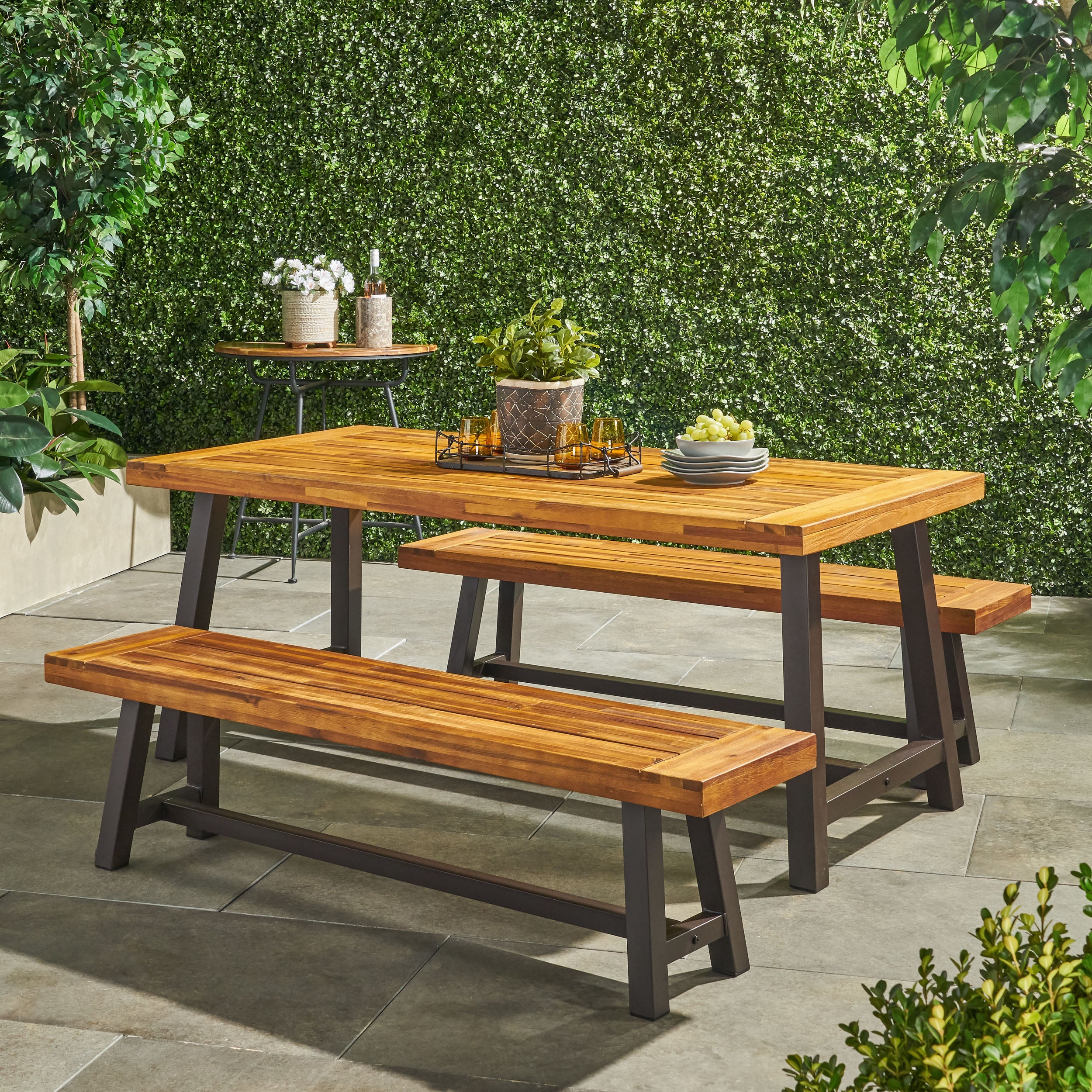 Bowman Outdoor Modern Industrial 3 Piece Acacia Wood Picnic Dining Set with Benches, Sandblasted Teak