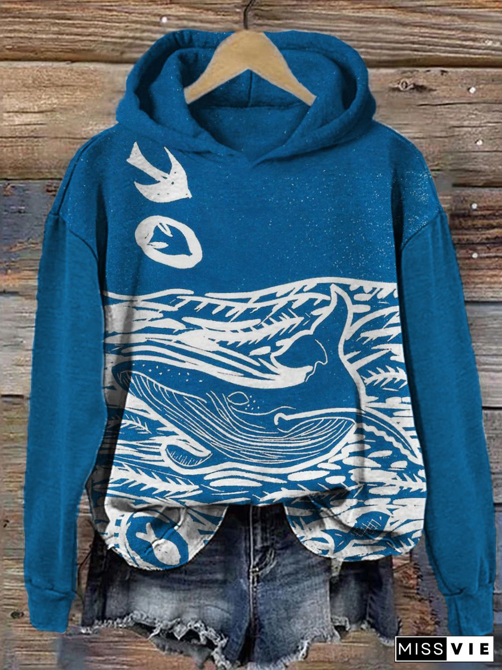 Whale & Ocean Japanese Lino Art Cozy Hoodie