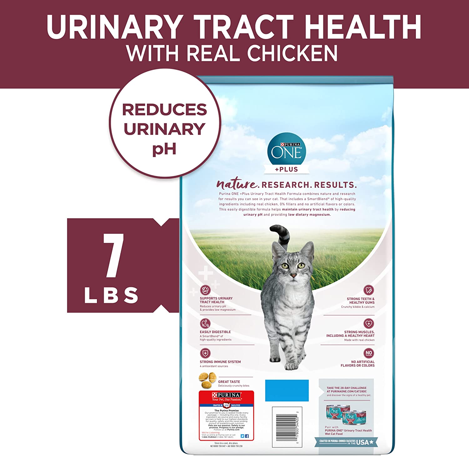 Purina ONE Urinary Tract Health High Protein， Natural Adult Dry Cat Food and Wet Cat Food 7 lb. Bag