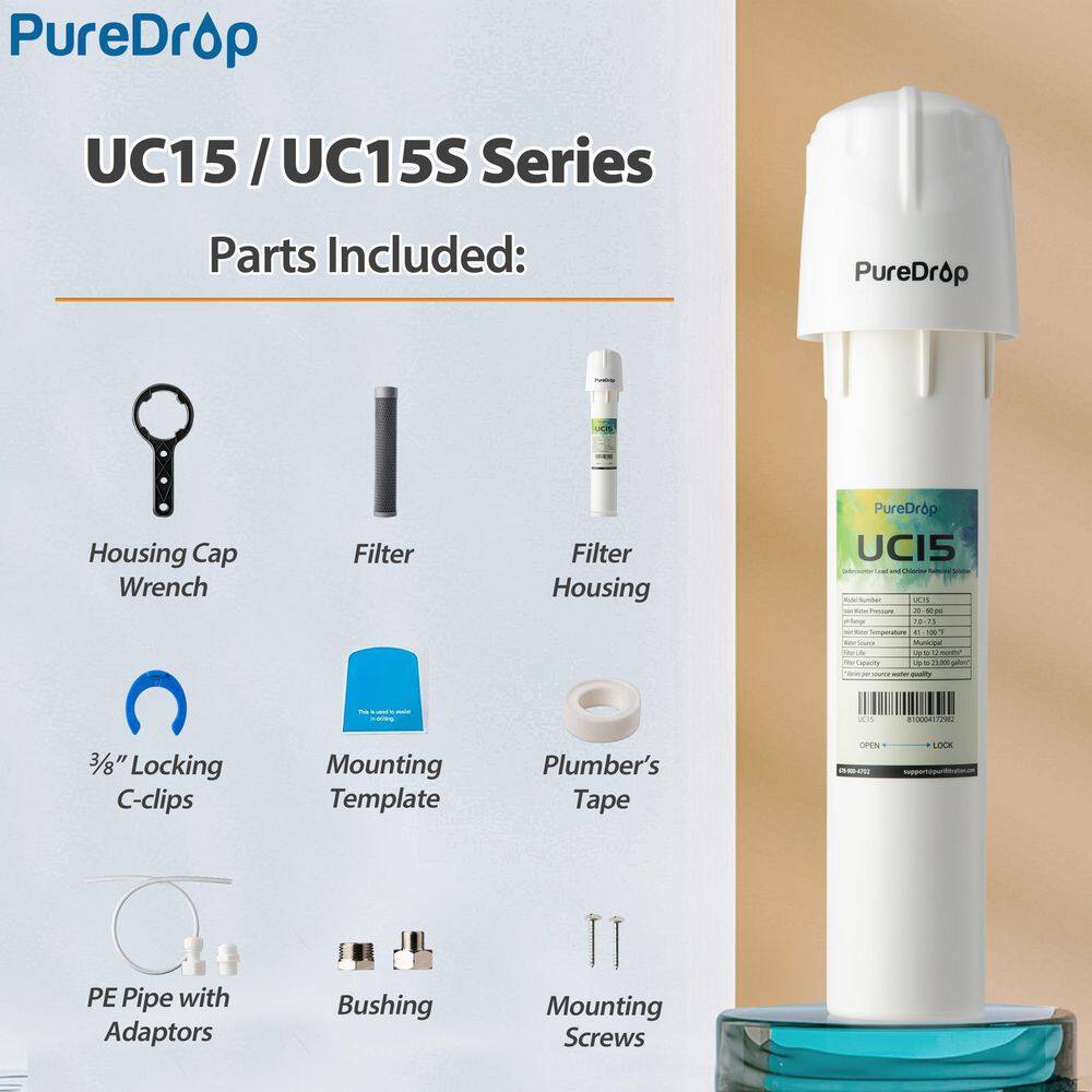 PureDrop UC15 Water Filter Under Sink 15K Gal. Capacity Chlorine Odor Bad Taste Heavy Metals and Sediment Fast Flow UC15