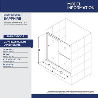 DreamLine Sapphire 56 in. to 60 in. W x 60 in. H Semi-Frameless Bypass Tub Door in Brushed Nickel SHDR-6360602-04