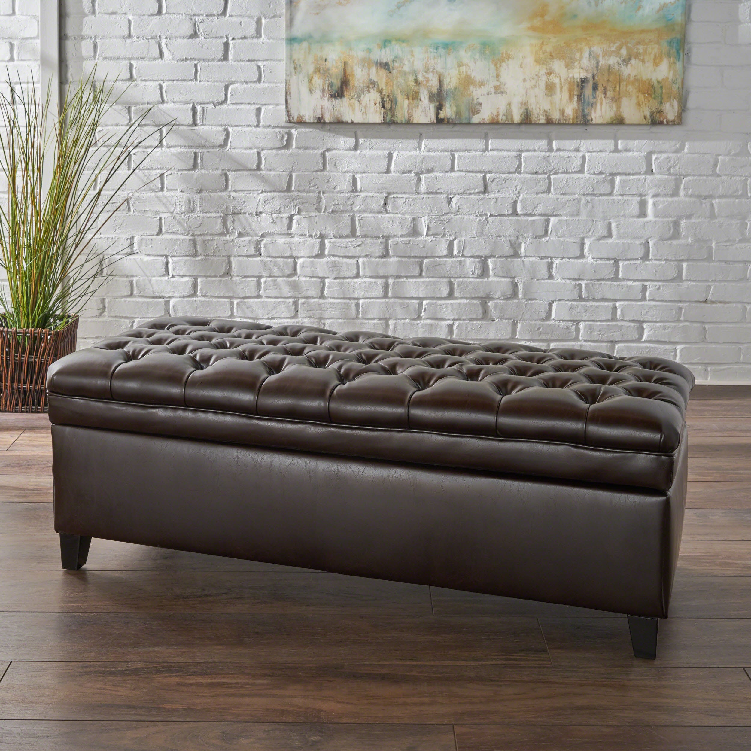 Sheffield Contemporary Button Tufted Brown Faux Leather Storage Ottoman