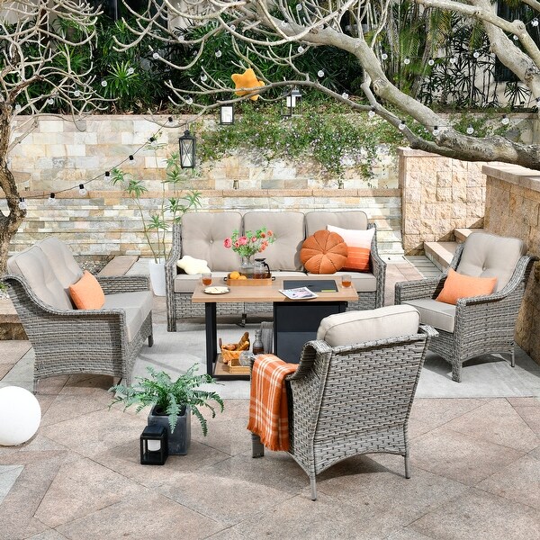 OVIOS 5piece Patio Wicker Conversation Set With Fire Table