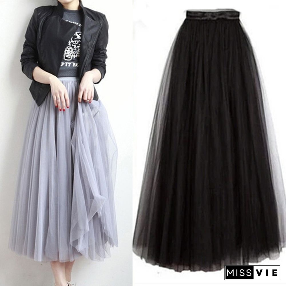 Three-Layer Fashion Tulle Skirts Women Summer Elastic High Waist Long Mesh Skirt Tutu Maxi Pleated Skirt