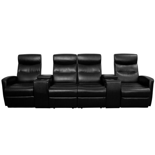 Anetos Series 4-Seat Reclining Black Faux Leather Theater Seating Unit with Cup Holders