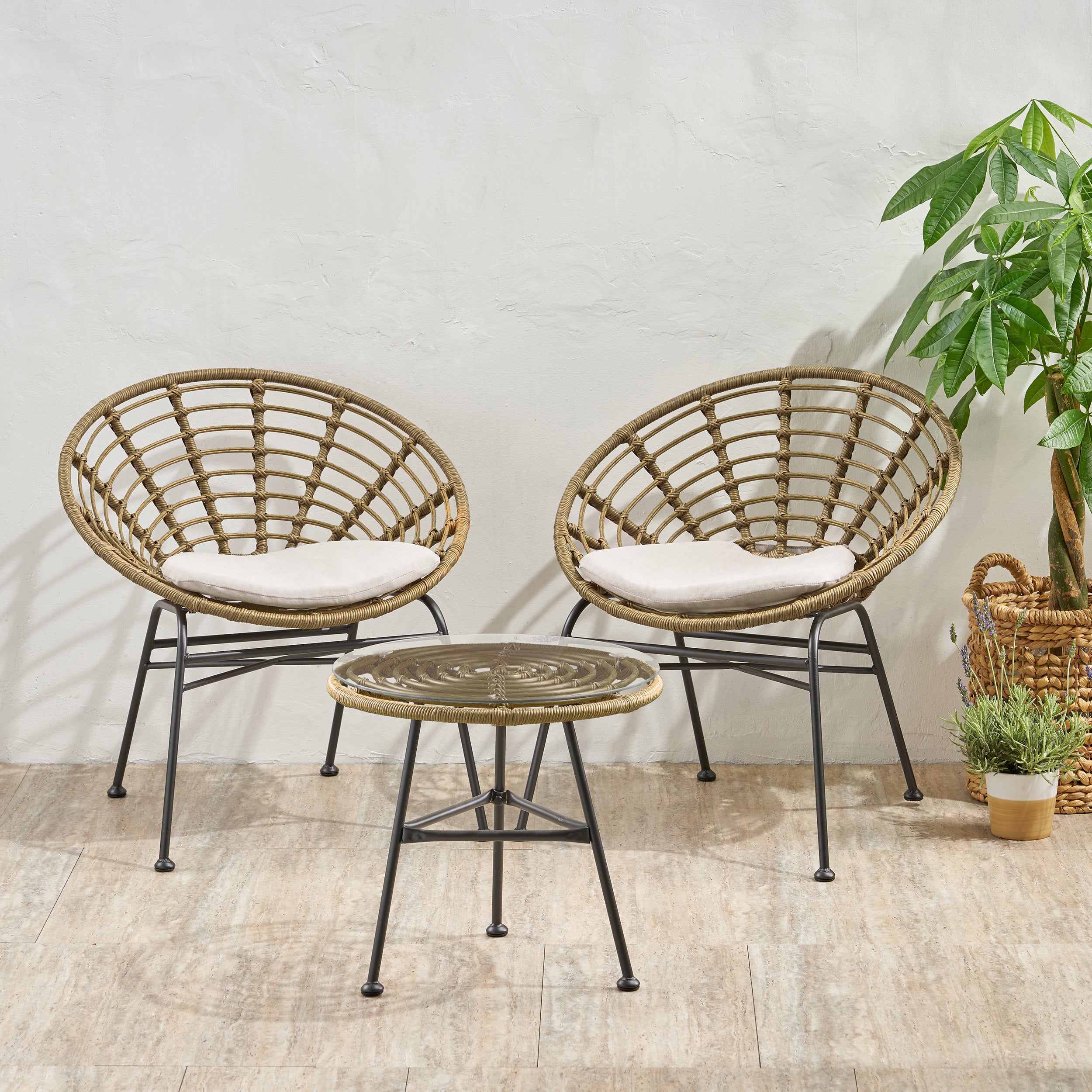 Seaton Outdoor Modern Boho 2 Seater Wicker Chat Set with Side Table