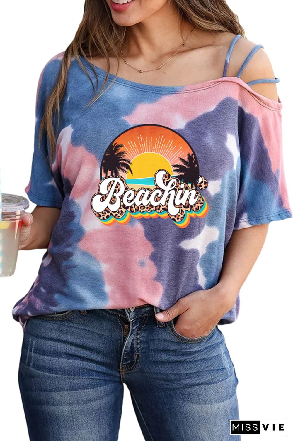 Beachin' Retro Leopard Print Graphic Tees for Women Wholesale Short Sleeve T shirts Top