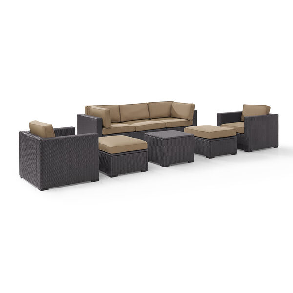 Biscayne 7 Person Outdoor Wicker Seating Set in Mocha - One Loveseat， Two Arm Chairs， One Corner Chair， One Coffee Table， Two Ottomans