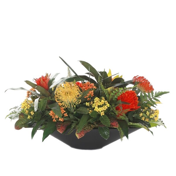 Bromeliad Tropical Flowers Arrangement In Oval Zinc Pot