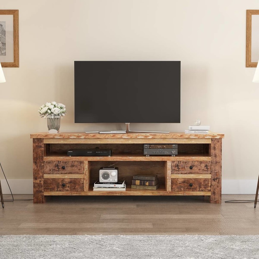 Britain Handcrafted Rustic Teak Wood 4 Drawer TV Media Console   Rustic   Entertainment Centers And Tv Stands   by Sierra Living Concepts Inc  Houzz