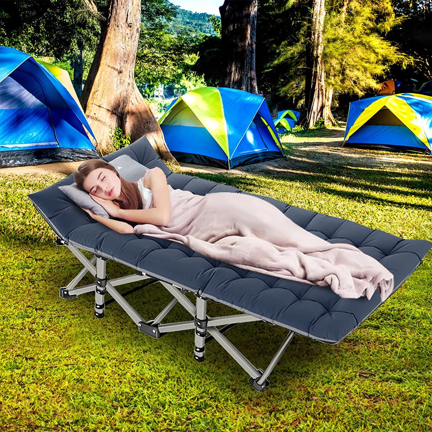 Slsy Folding Camping Cots for Adults with 2-Sided Cushion, Cots for Sleeping, Folding Cot  with Carry Bag, 880LBS(Max Load)