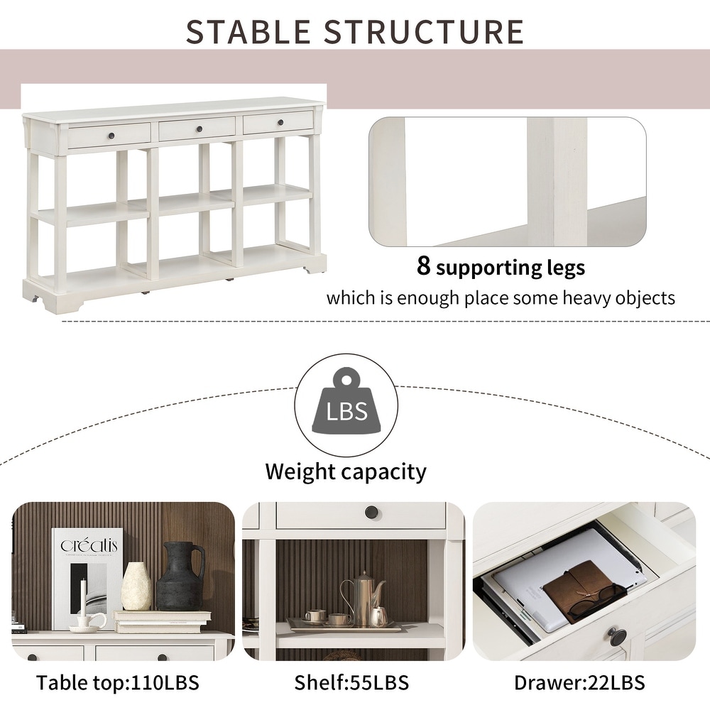 Retro Console Table/Sideboard with Ample Storage  Open Shelves Solid Wooden Frame and 3 Drawers for Living Room  Easy Assembly