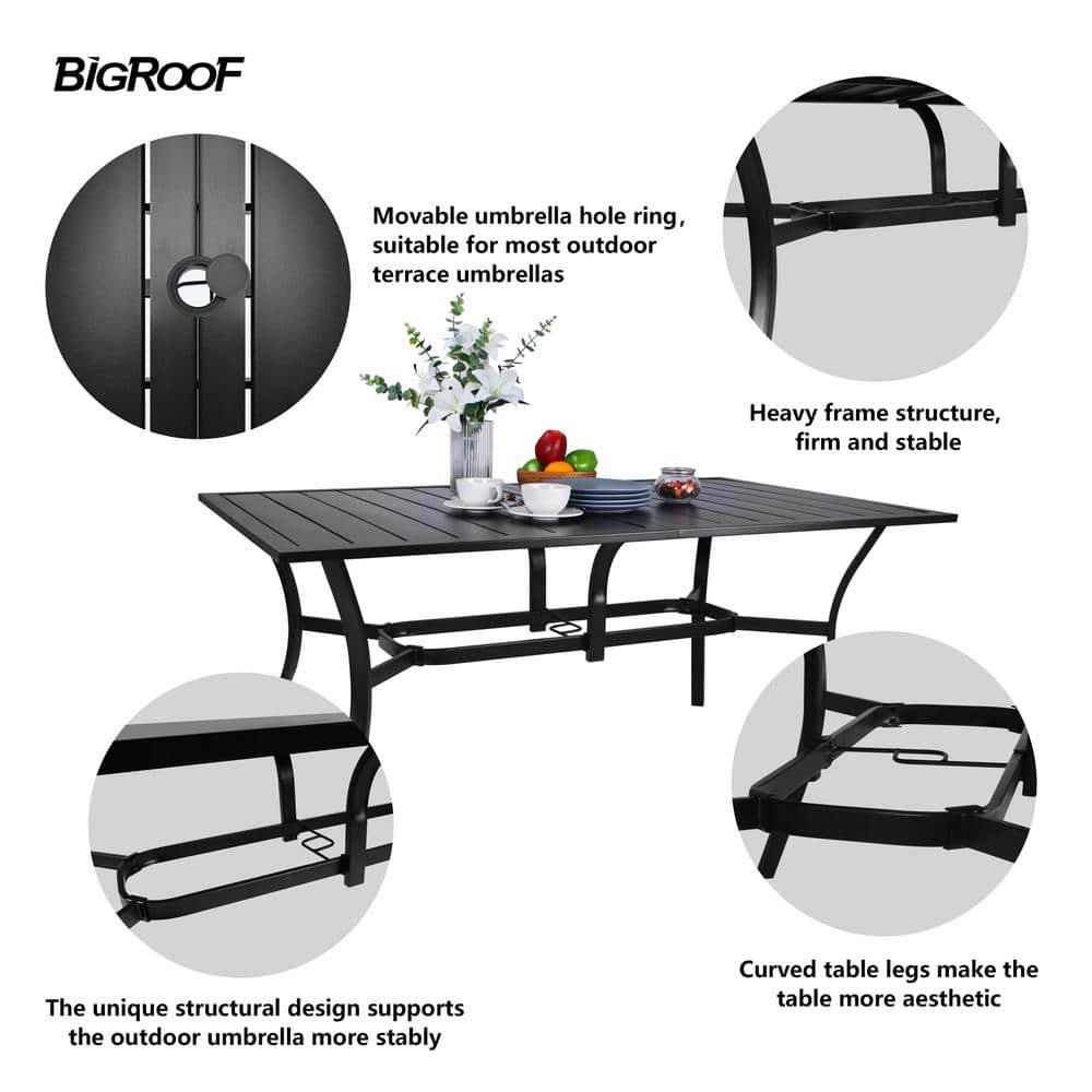 Bigroof Patio Classic Rectangle Metal Black 63 in Outdoor Dining Table with 157 in Umbrella Hole