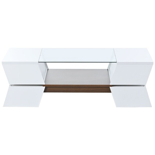 2-Tier Glass-Top Coffee Table with Open Shelves and Cabinets