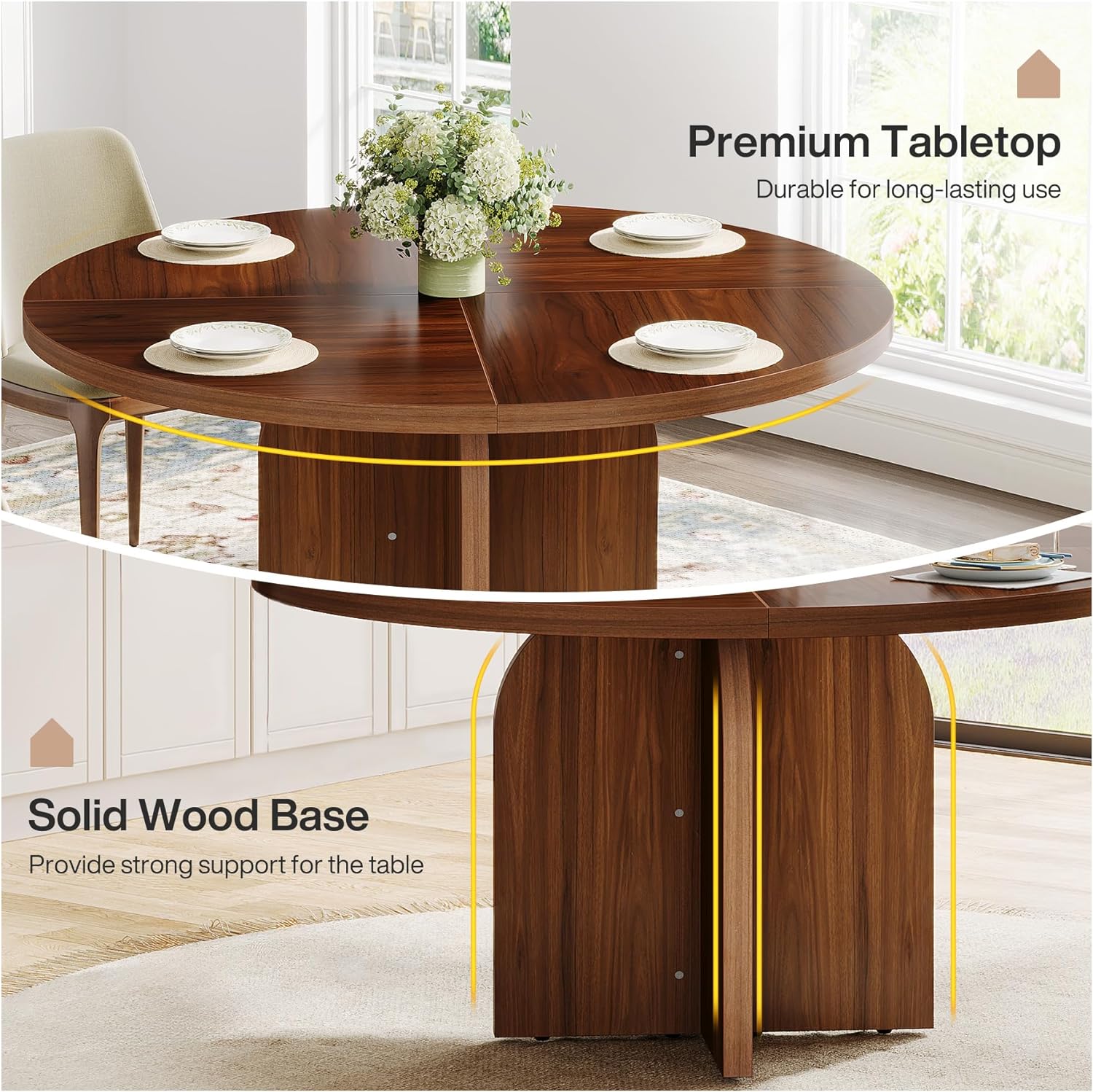 47-Inch Dining Table, Wood Round Kitchen Table for 4-6