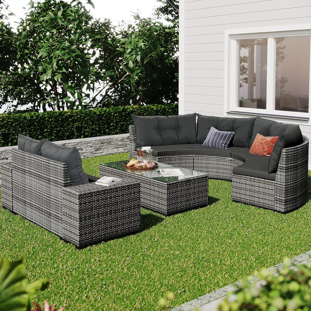 8 Pieces OutdoorWicker Round Sectional Curved Sofa Set with Rectangular Coffee Table  PE Rattan Water Resistant and UV Protected