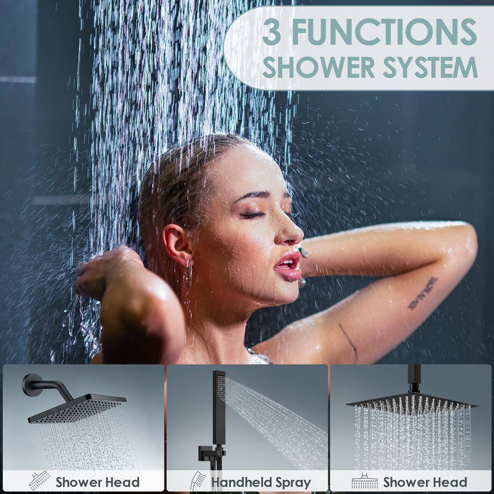 EVERSTEIN Luxury 3-Spray Patterns Thermostatic 12 in. Ceiling Mount Rainfall Shower Faucet System Dual Shower Heads in Matte Black SFS1007-BK12