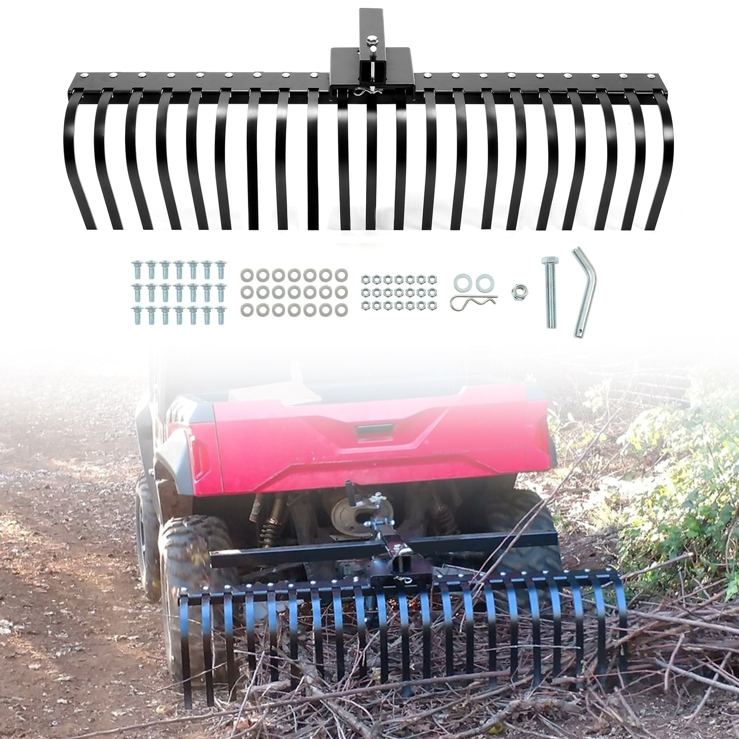 Kojem 60 inch Landscape Driveaway Pine Straw Rake Lawn Yard Beach Cleaning for ATV UTV SxS 48