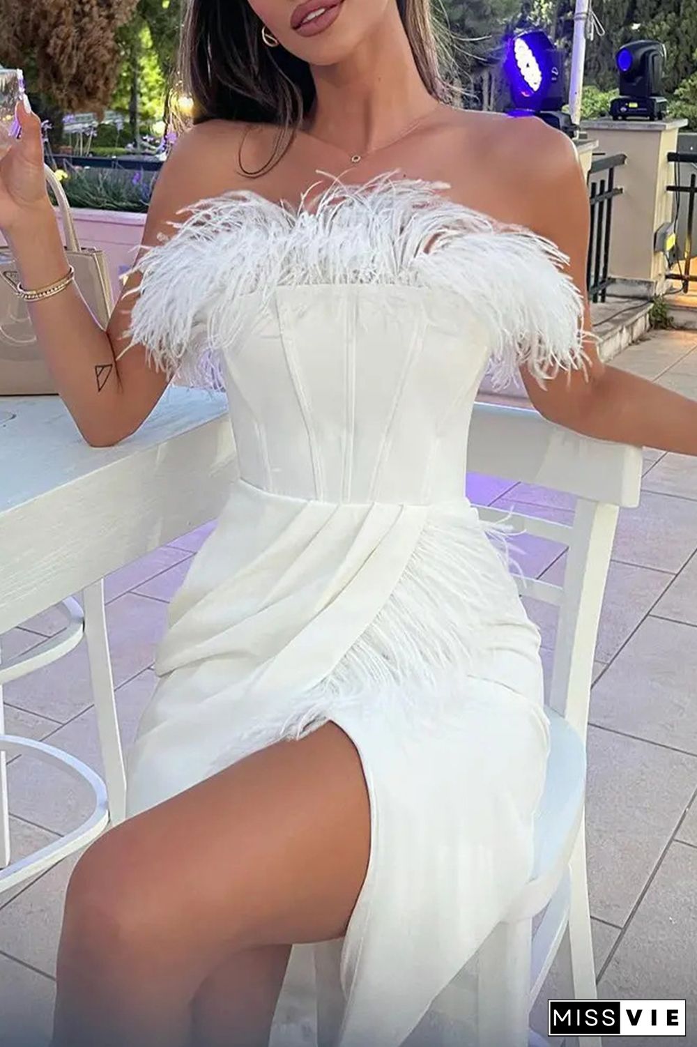 Sexy Formal Solid Feathers Slit Fold Strapless Sleeveless Dress Dresses