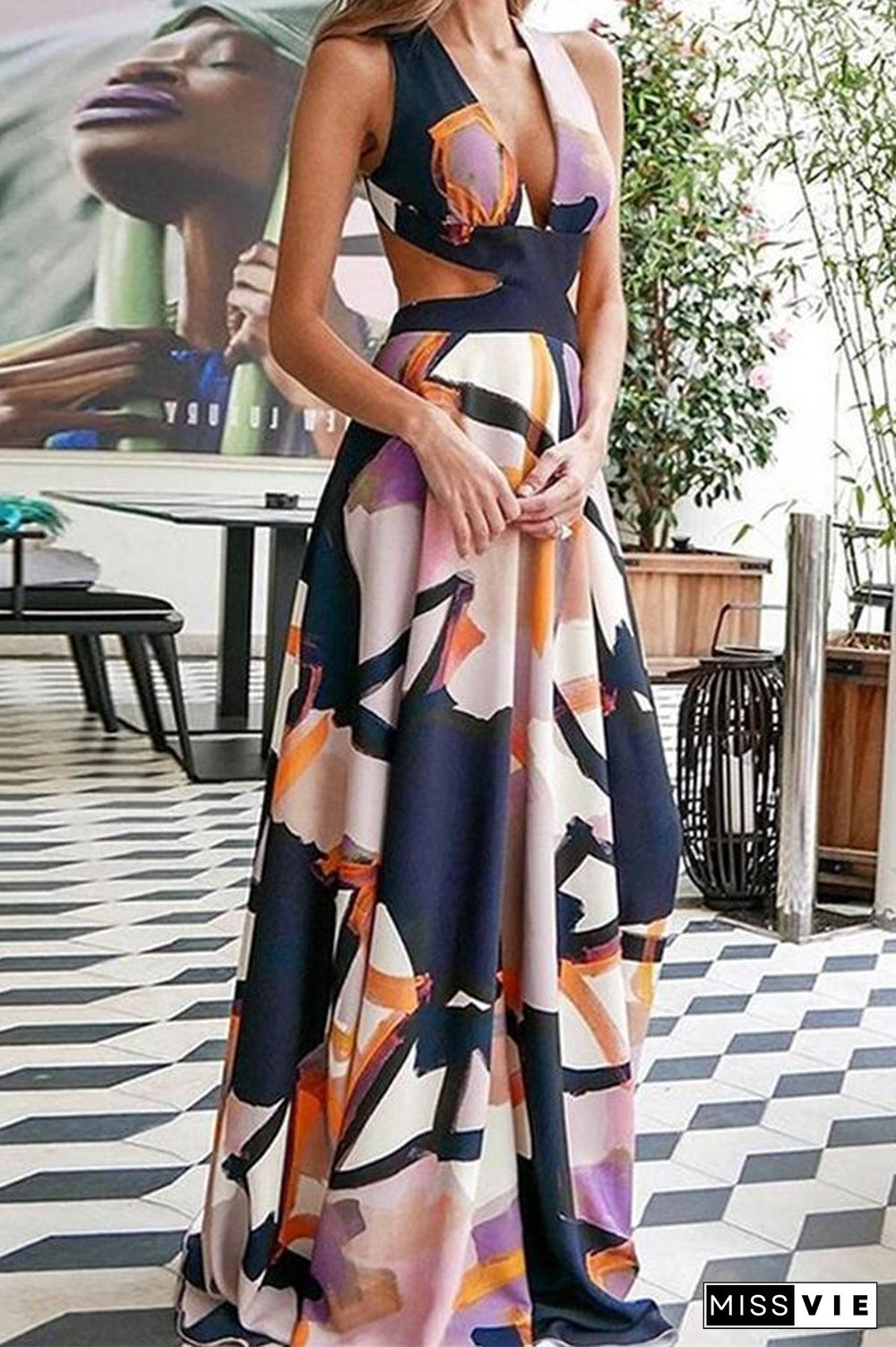 Fashion Print Suspender Backless Maxi Dress P11652