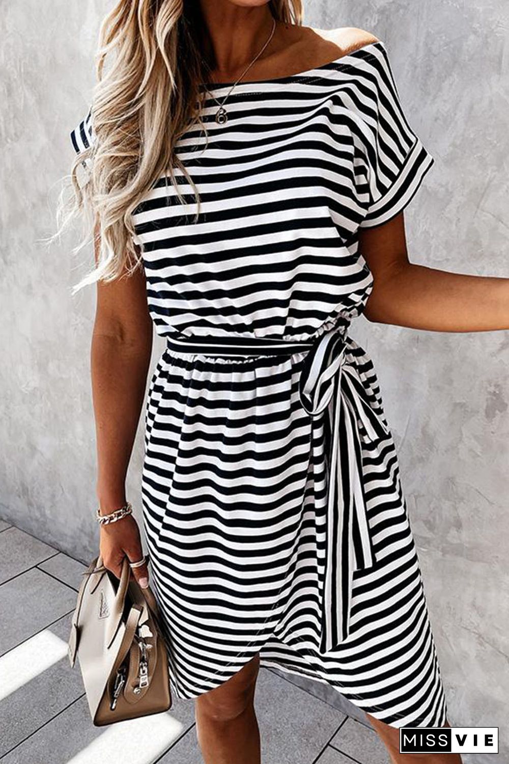 Black Stripe Short Sleeve Belted Wrapped Hemline T-Shirt Dress