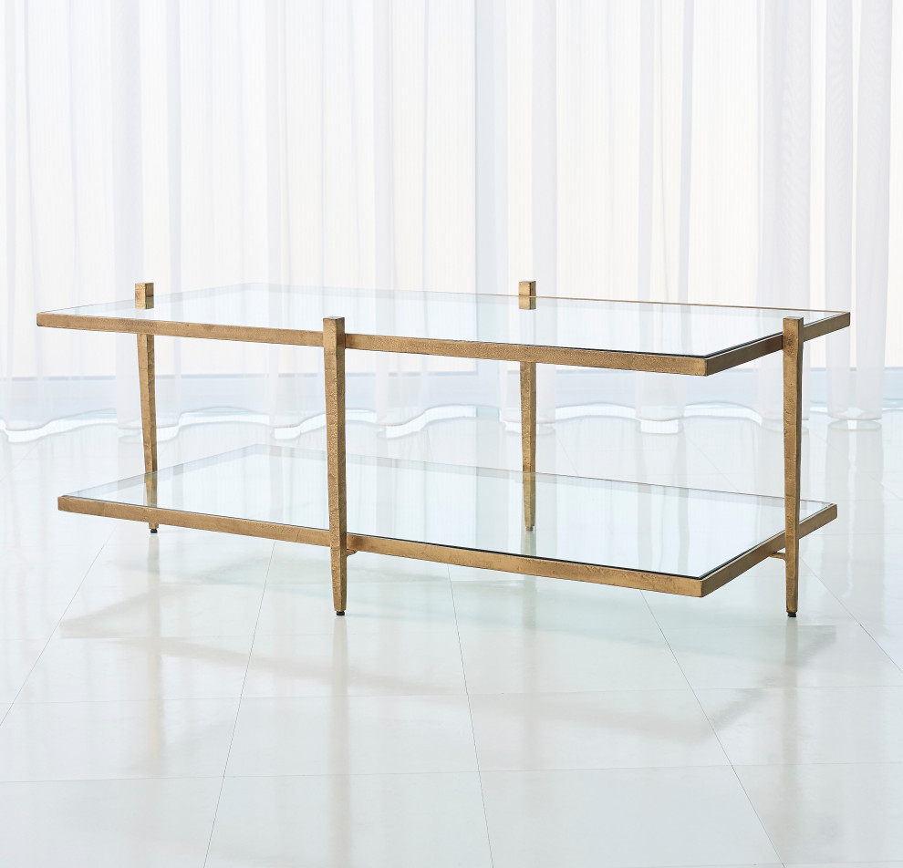 Minimalist 2 Tiered Gold Iron Coffee Table  Simple Glass Shelf Open Modern   Contemporary   Coffee Tables   by My Swanky Home  Houzz