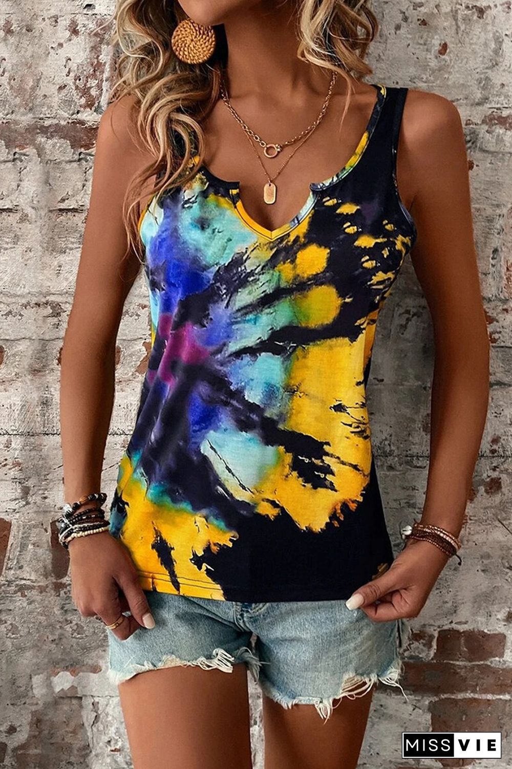 Split V Neck Tie Dye Tank Top