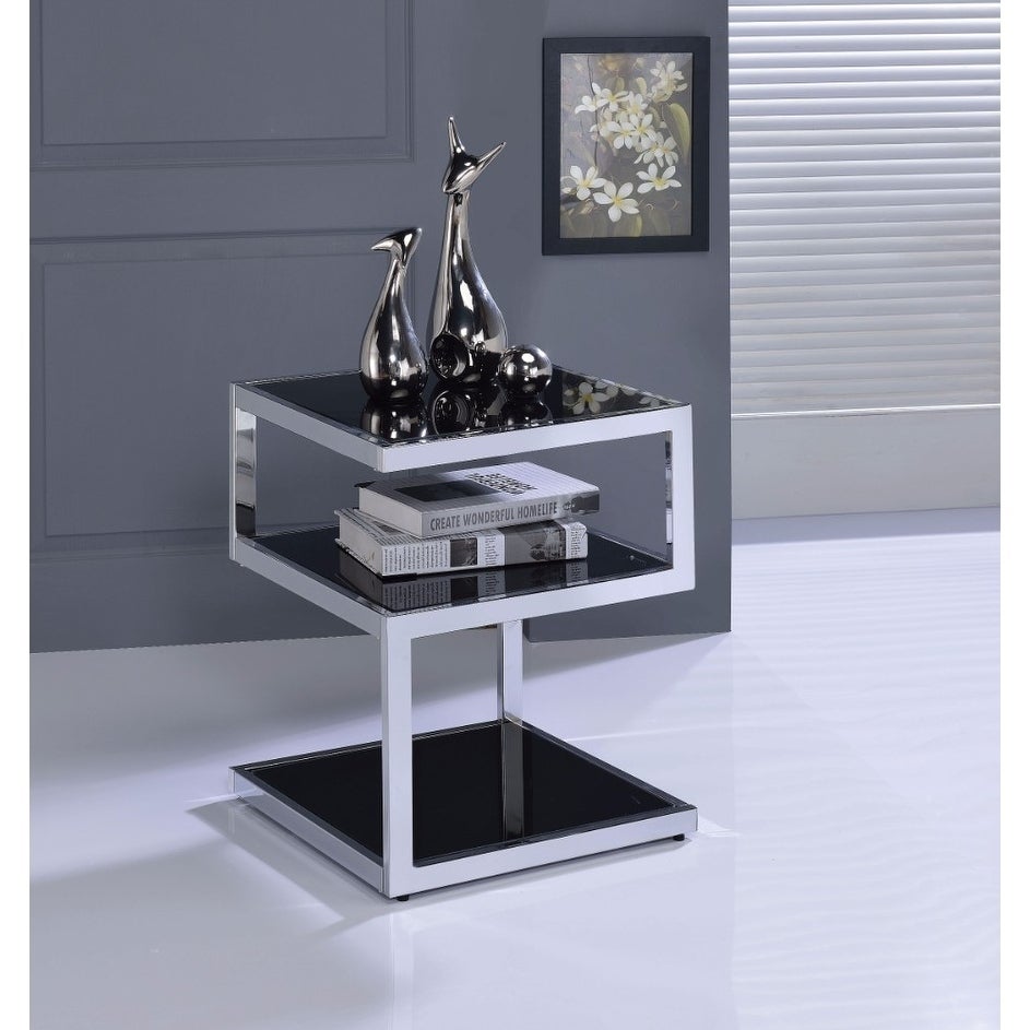 Alyea End Table， Black Glass and Chrome