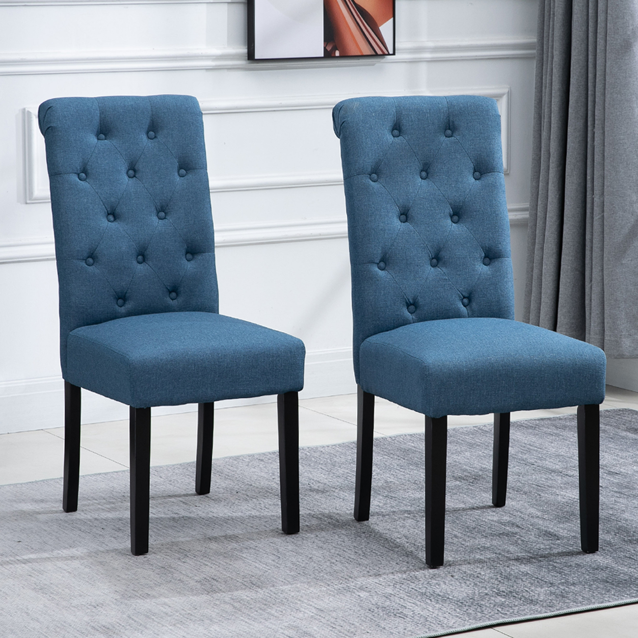 High Back Chair Living Room Dining Chairs Set of 2 in Home Side Chairs Furniture Habit Tufted Parsons Solid Wood Legs Blue