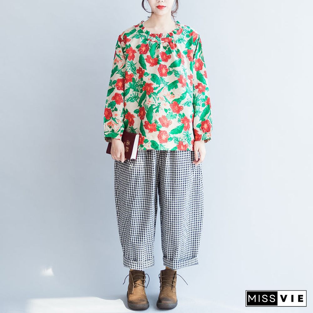 red green floral linen tops oversize vintage long sleeve t shirt