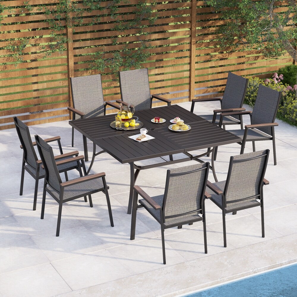 9 Piece Patio Dining Set with 6 Stackable Textilene Chairs and 1 Metal Table