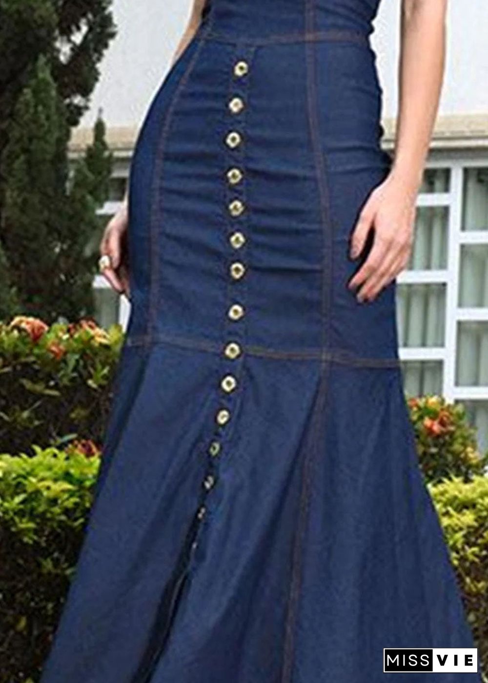 Style Slim Fit Navy O Neck Patchwork Long Denim Dress Summer