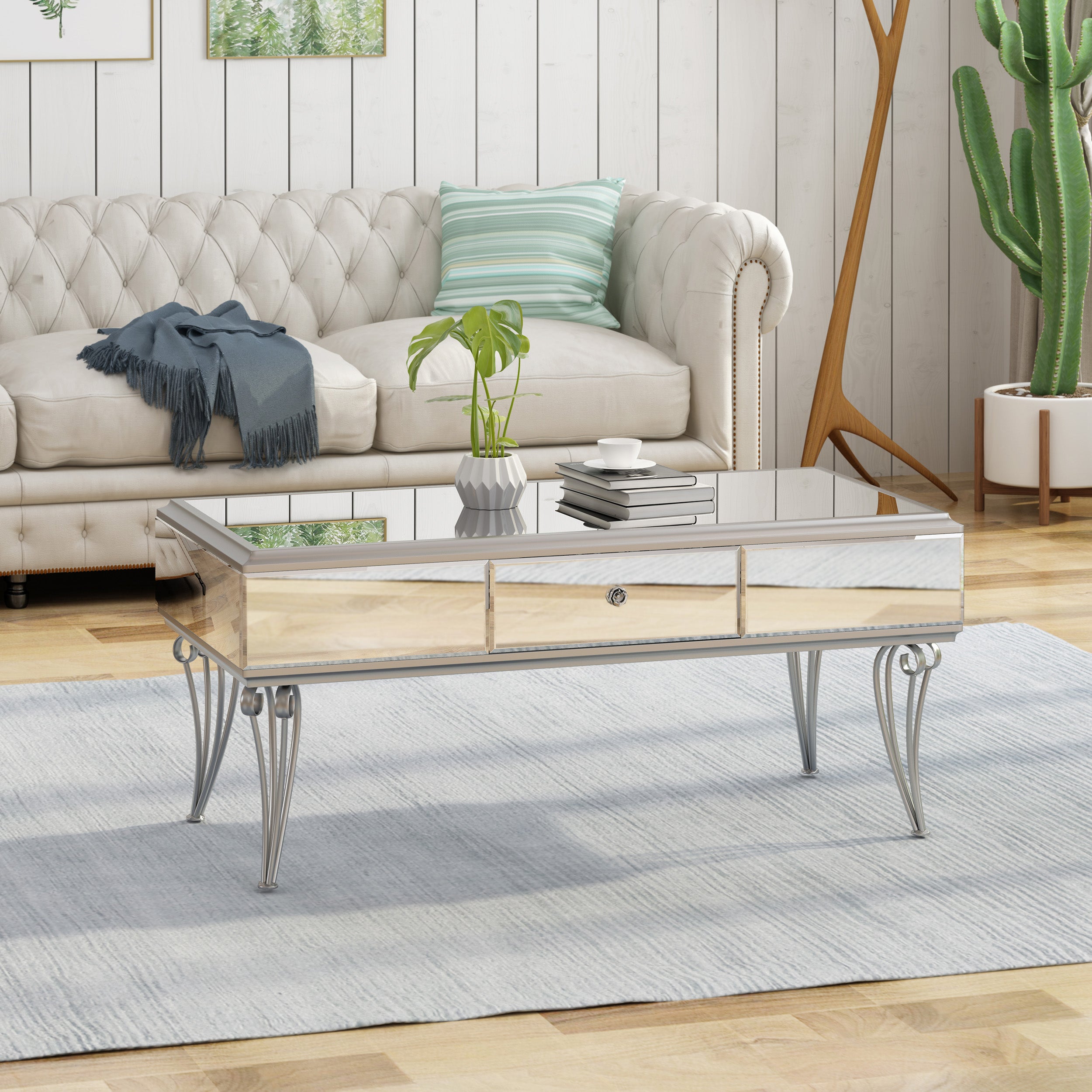 Ophelia Modern Mirrored Coffee Table with Drawer, Tempered Glass