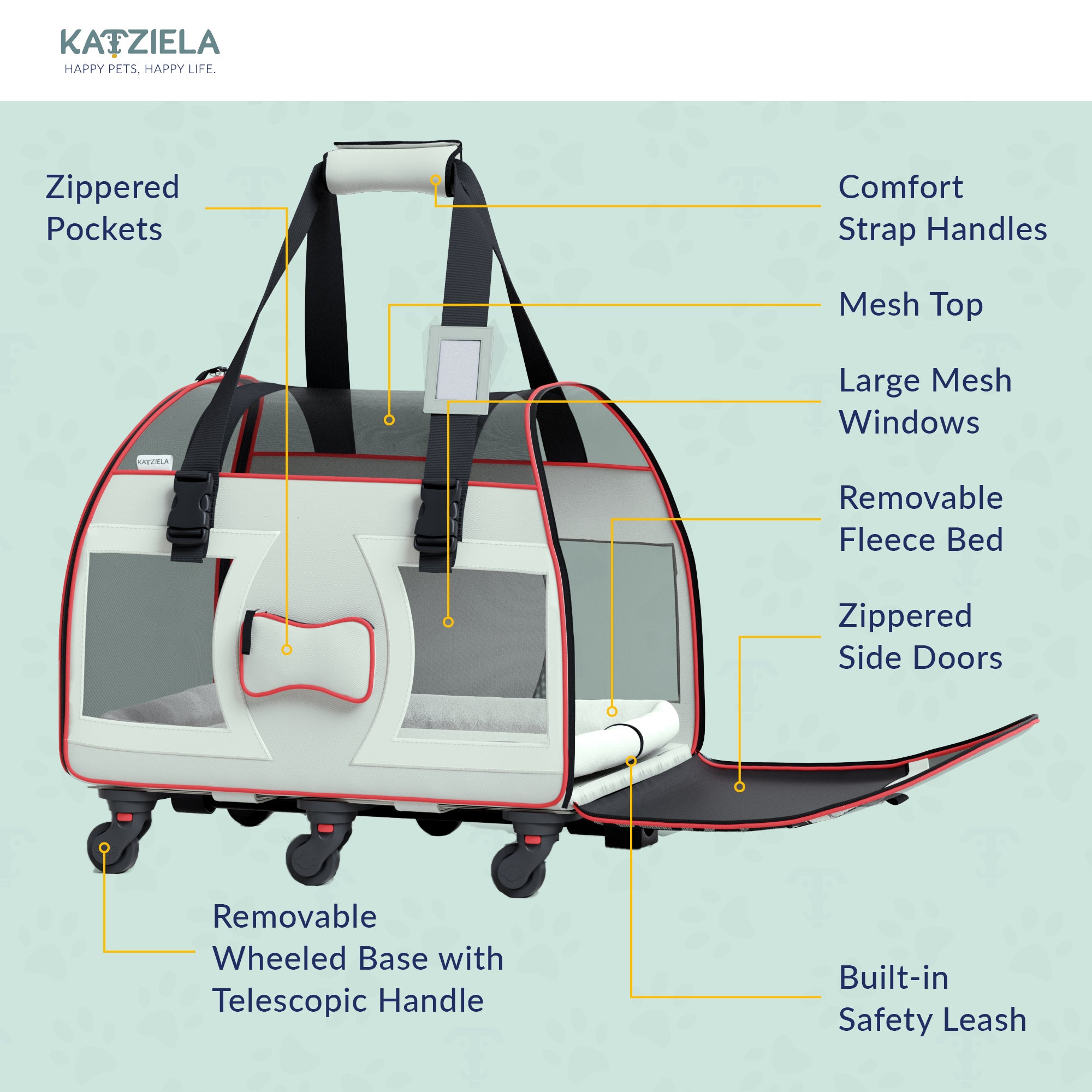 Katziela Bone Cruiser Pet Carrier with Removable Wheels - Telecopic Handle - Airline Approved (Gray)