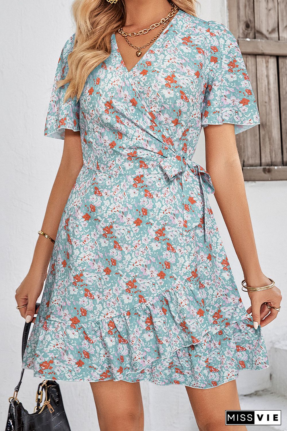 Wrap V Neck Side Sash Vintage Floral Dress